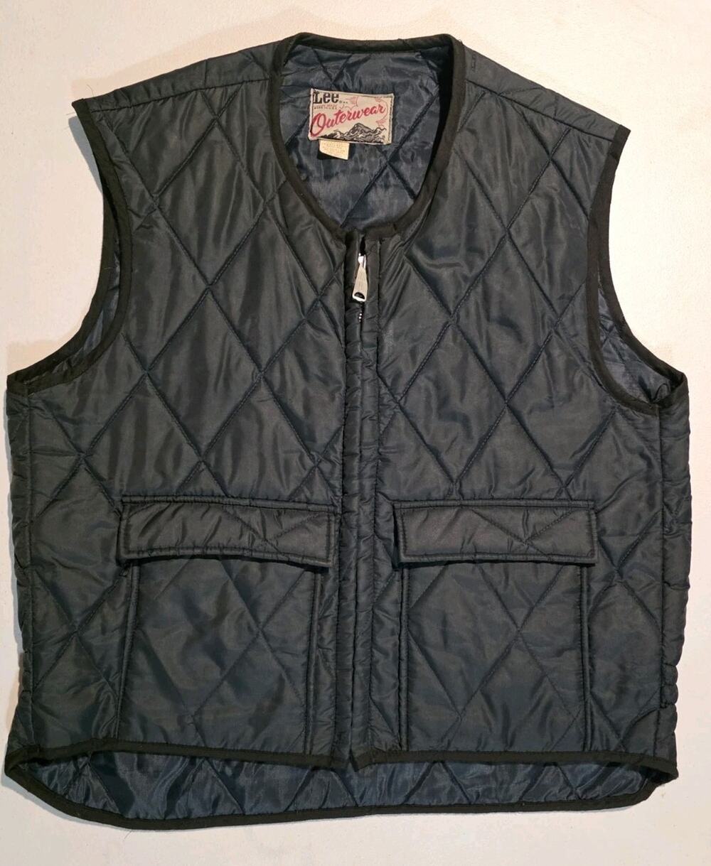 Vintage 70s Lee Outerwear Quilted Vest Dark Blue Talon Zipper Size L Made In USA